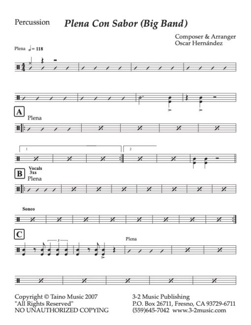 Plena Con Sabor percussion (Download) Latin jazz printed sheet music www.3-2music.com composer and arranger Oscar Hernandez big band (4-4-5) instrumentation