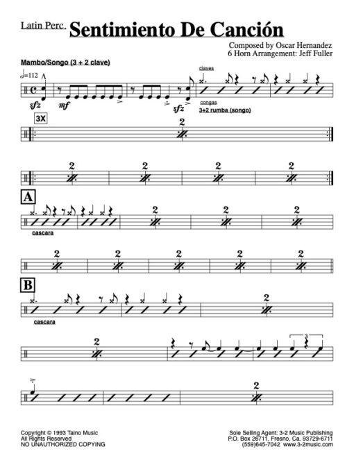 Sentimiento de Canción V.1 percussion (Download) Latin jazz printed sheet music www.3-2music.com composer and arranger Oscar Hernández little big band
