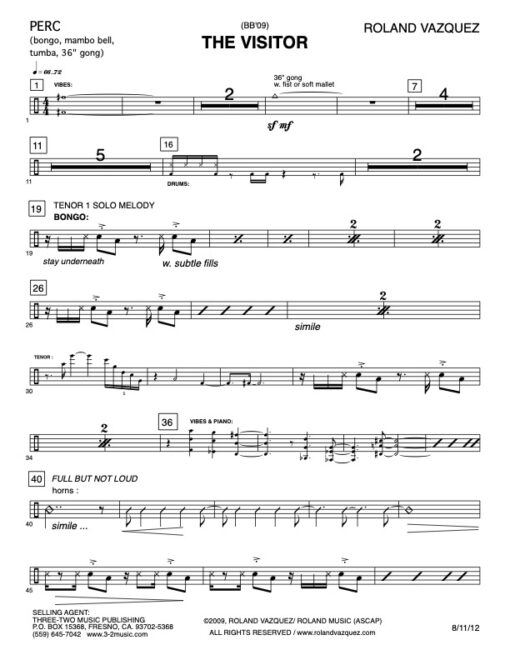 The Visitor percussion (Download) Latin jazz printed sheet music www.3-2music.com composer and arranger Roland Vazquez big band 4-4-5 instrumentation