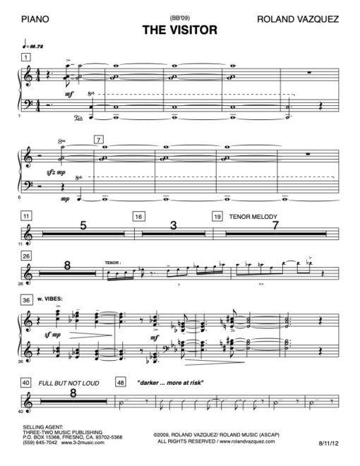The Visitor piano (Download) Latin jazz printed sheet music www.3-2music.com composer and arranger Roland Vazquez big band 4-4-5 instrumentation