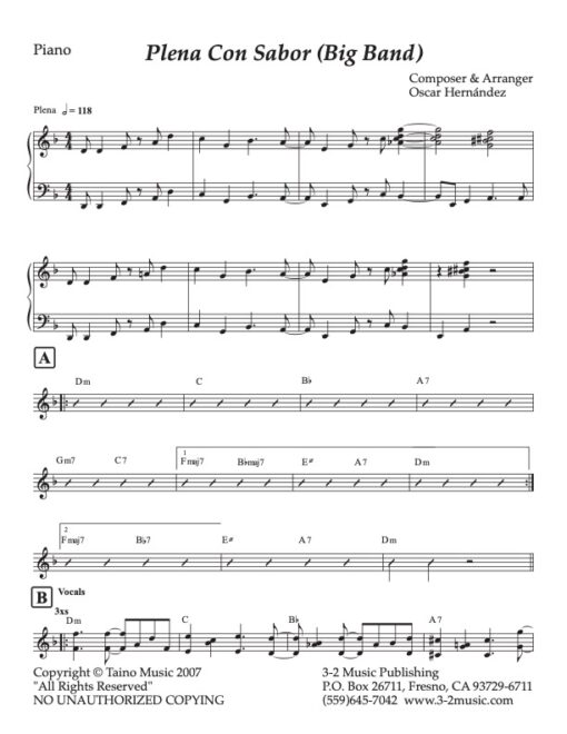 Plena Con Sabor piano (Download) Latin jazz printed sheet music www.3-2music.com composer and arranger Oscar Hernandez big band (4-4-5) instrumentation