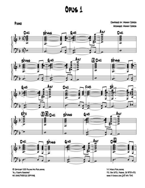 Opus 1 piano (Download) Latin jazz printed sheet music www.3-2music.com composer and arranger Manny Cepeda little big band instrumentation
