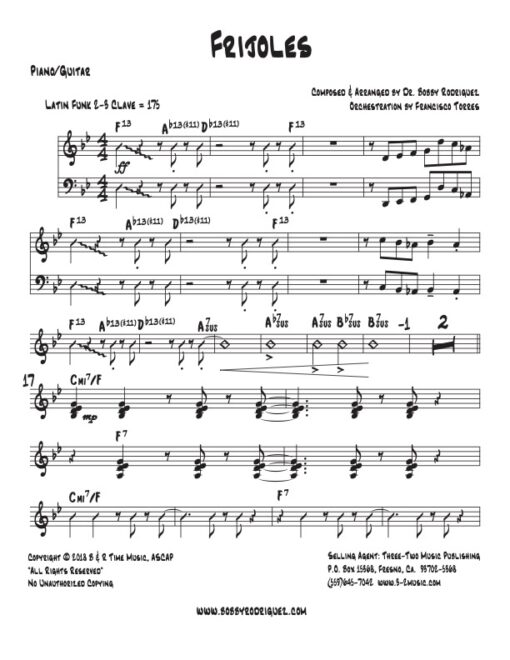Frijoles piano/guitar (Download) Latin jazz printed sheet music www.3-2 music.com composer and arranger Bobby Rodriguez big band 4-4-5 instrumentation