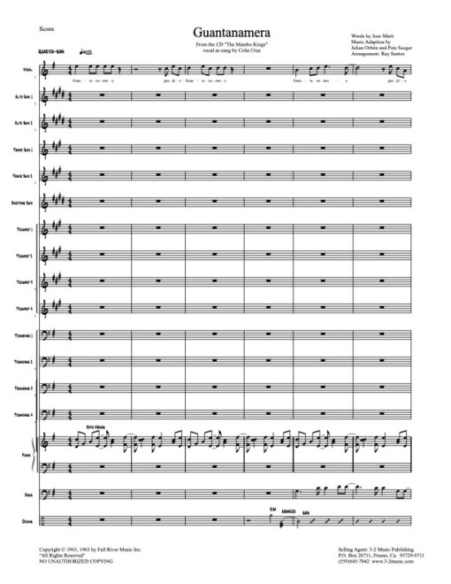 Guantanamera score (Download) Latin jazz printed sheet music www.3-2music.com composer and arranger Pete Seeger big band 4-4-5 instrumentation