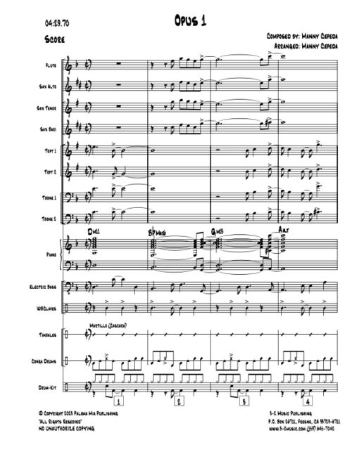 Opus 1 score (Download) Latin jazz printed sheet music www.3-2music.com composer and arranger Manny Cepeda little big band instrumentation