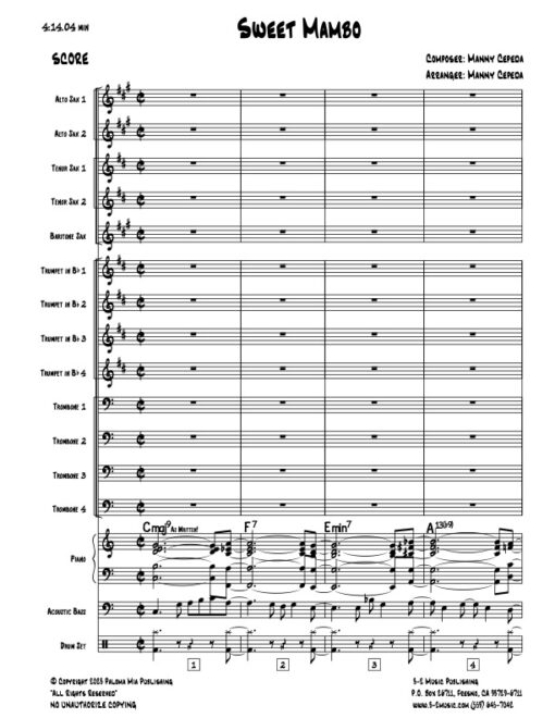 Sweet Mambo score (Download) Latin jazz big band sheet music www.3-2music.com composer and arranger Manny Cepeda big band 4-4-5 instrumentation
