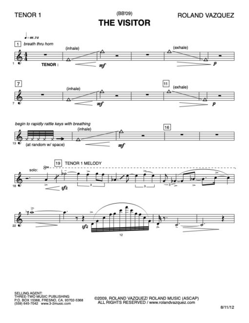 The Visitor tenor 1 (Download) Latin jazz printed sheet music www.3-2music.com composer and arranger Roland Vazquez big band 4-4-5 instrumentation