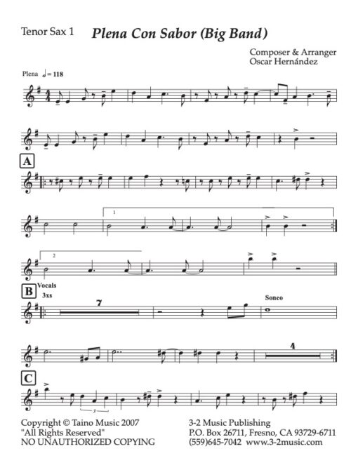 Plena Con Sabor tenor 1 (Download) Latin jazz printed sheet music www.3-2music.com composer and arranger Oscar Hernandez big band (4-4-5) instrumentation