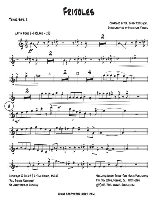 Frijoles tenor 1 (Download) Latin jazz printed sheet music www.3-2 music.com composer and arranger Bobby Rodriguez big band 4-4-5 instrumentation