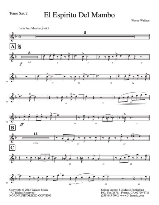 El Espiritu Del Mambo tenor 2 (Download) Latin jazz printed sheet music www.3-2music.com composer and arranger Wayne Wallace big band 4-4-5