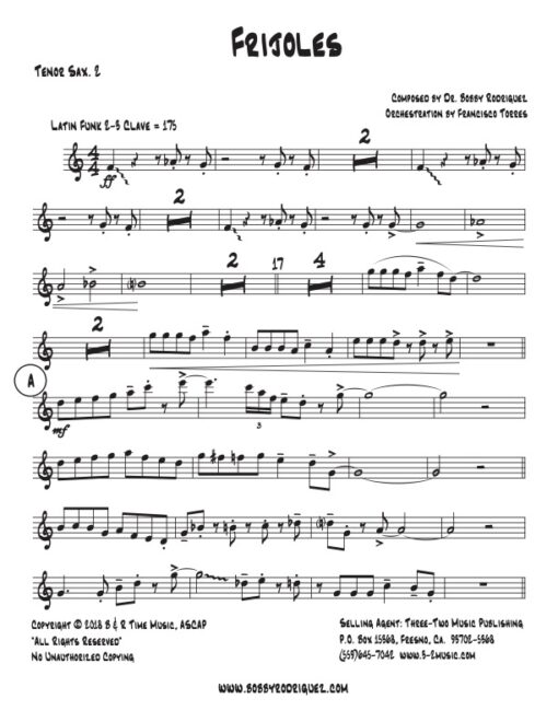 Frijoles tenor 2 (Download) Latin jazz printed sheet music www.3-2 music.com composer and arranger Bobby Rodriguez big band 4-4-5 instrumentation