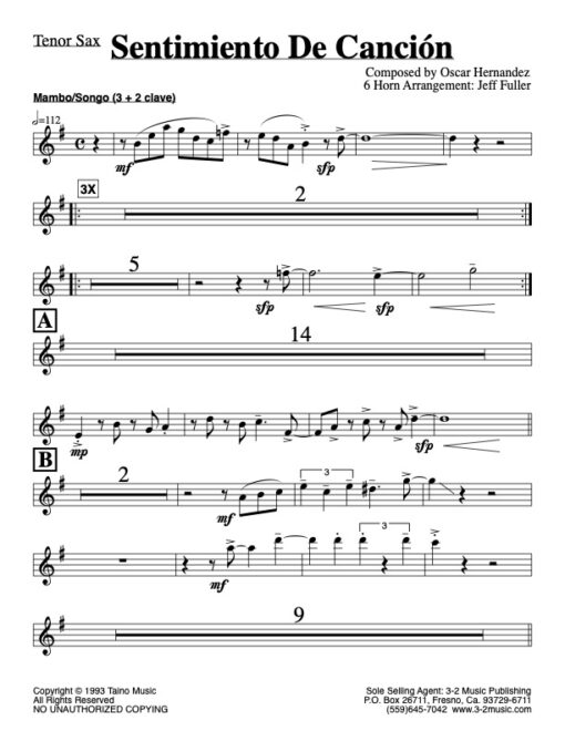 Sentimiento de Canción V.1 tenor (Download) Latin jazz printed sheet music www.3-2music.com composer and arranger Oscar Hernández little big band