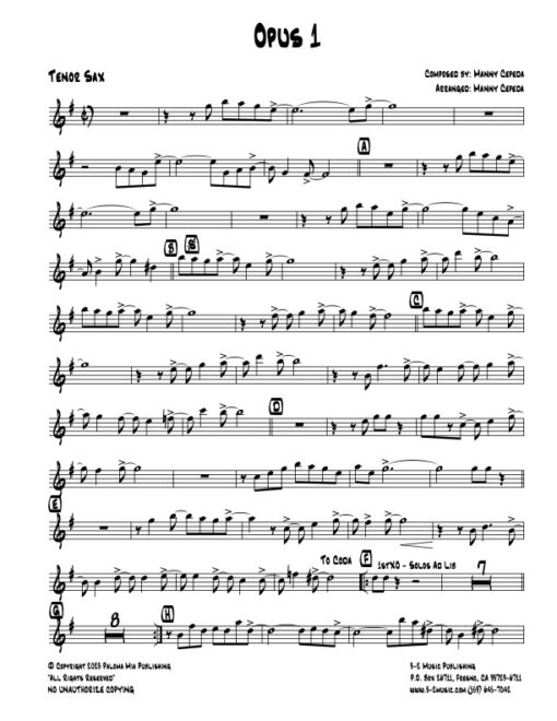 Opus 1 tenor (Download) Latin jazz printed sheet music www.3-2music.com composer and arranger Manny Cepeda little big band instrumentation