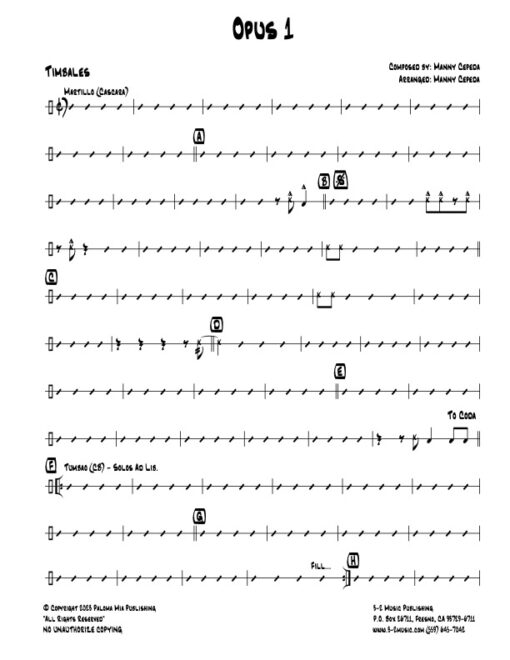 Opus 1 timbales (Download) Latin jazz printed sheet music www.3-2music.com composer and arranger Manny Cepeda little big band instrumentation