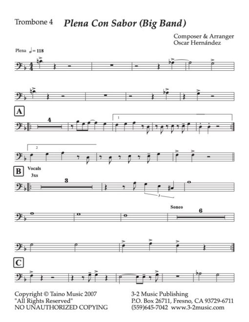 Plena Con Sabor trombone 4 (Download) Latin jazz printed sheet music www.3-2music.com composer and arranger Oscar Hernandez big band (4-4-5) instrumentation