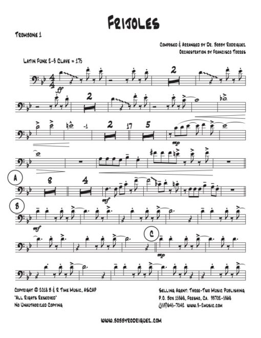 Frijoles trombone 1 (Download) Latin jazz printed sheet music www.3-2 music.com composer and arranger Bobby Rodriguez big band 4-4-5 instrumentation