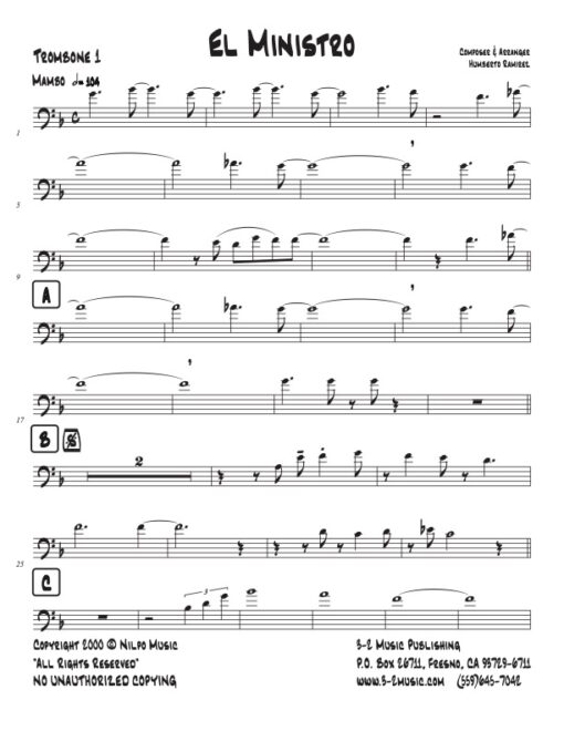 El Ministro trombone 1 (Download) Latin jazz printed sheet music www.3-2music.com composer and Humberto Ramirez big band 4-4-5 instrumentation