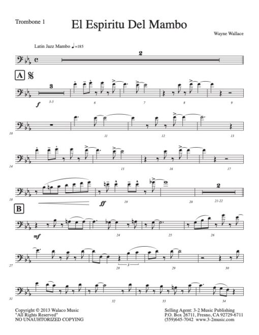 El Espiritu Del Mambo trombone 1 (Download) Latin jazz printed sheet music www.3-2music.com composer and arranger Wayne Wallace big band 4-4-5