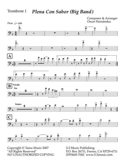 Plena Con Sabor trombone 1 (Download) Latin jazz printed sheet music www.3-2music.com composer and arranger Oscar Hernandez big band (4-4-5) instrumentation