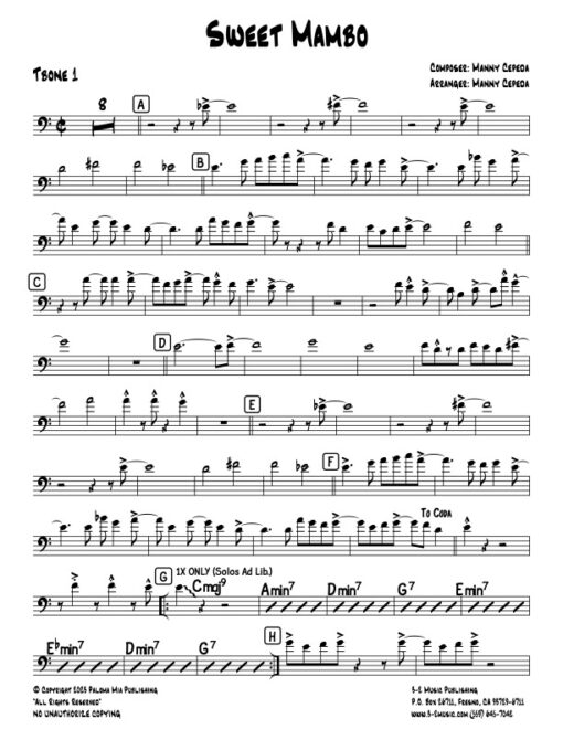 Sweet Mambo trombone 1 (Download) Latin jazz big band sheet music www.3-2music.com composer and arranger Manny Cepeda big band 4-4-5 instrumentation