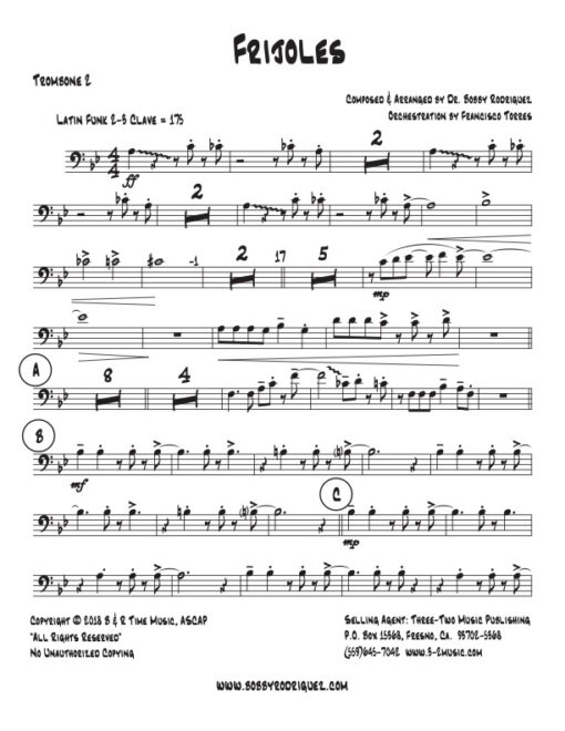 Frijoles trombone 2 (Download) Latin jazz printed sheet music www.3-2 music.com composer and arranger Bobby Rodriguez big band 4-4-5 instrumentation