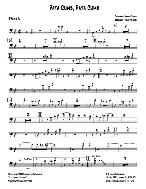 Pata Cumb Pata Cumb trombone 2 (Download) Latin jazz printed sheet music www.3-2 music.com composer and arranger Bobby Rodriguez big band 4-4-5 instrumentation