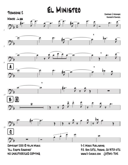 El Ministro trombone 2 (Download) Latin jazz printed sheet music www.3-2music.com composer and Humberto Ramirez big band 4-4-5 instrumentation