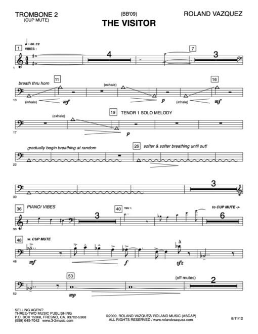 The Visitor trombone 2 (Download) Latin jazz printed sheet music www.3-2music.com composer and arranger Roland Vazquez big band 4-4-5 instrumentation