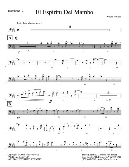 El Espiritu Del Mambo trombone 2 (Download) Latin jazz printed sheet music www.3-2music.com composer and arranger Wayne Wallace big band 4-4-5
