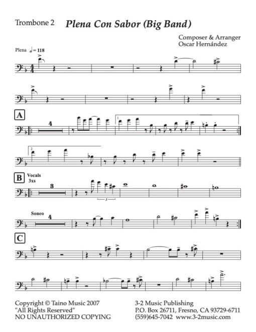 Plena Con Sabor trombone 2 (Download) Latin jazz printed sheet music www.3-2music.com composer and arranger Oscar Hernandez big band (4-4-5) instrumentation