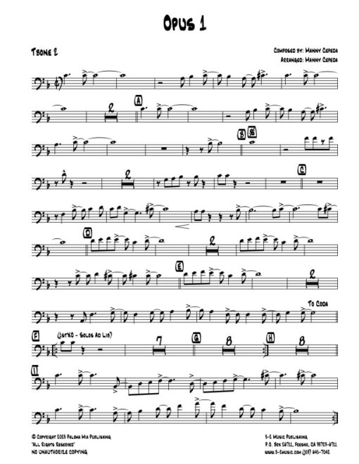 Opus 1 trombone 2 (Download) Latin jazz printed sheet music www.3-2music.com composer and arranger Manny Cepeda little big band instrumentation