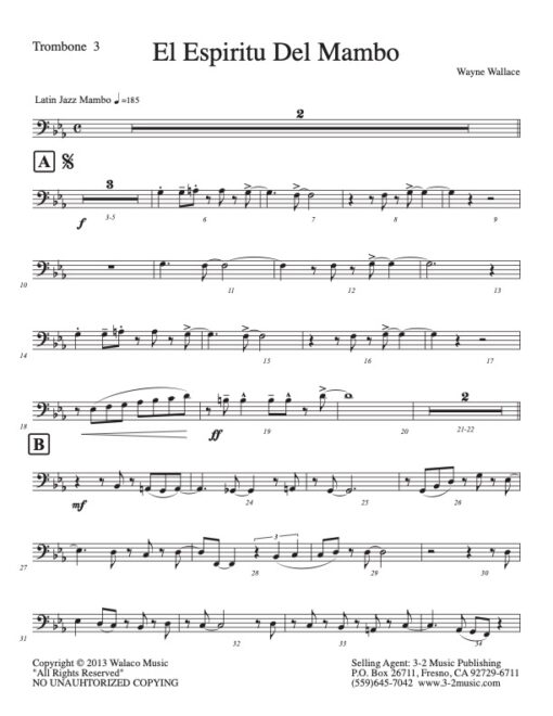 El Espiritu Del Mambo trombone 3 (Download) Latin jazz printed sheet music www.3-2music.com composer and arranger Wayne Wallace big band 4-4-5