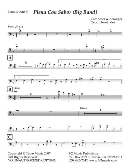 Plena Con Sabor trombone 3 (Download) Latin jazz printed sheet music www.3-2music.com composer and arranger Oscar Hernandez big band (4-4-5) instrumentation
