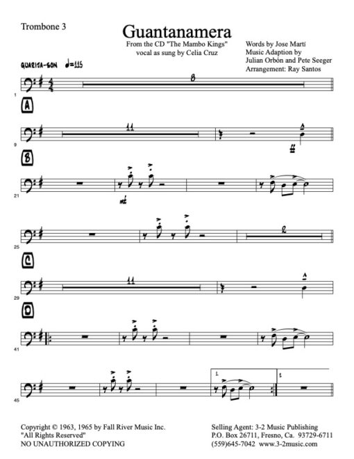 Guantanamera trombone 3 (Download) Latin jazz printed sheet music www.3-2music.com composer and arranger Pete Seeger big band 4-4-5 instrumentation