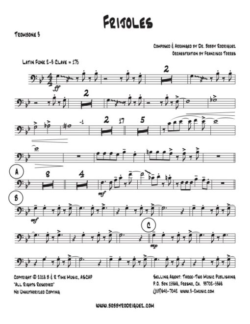 Frijoles trombone 3 (Download) Latin jazz printed sheet music www.3-2 music.com composer and arranger Bobby Rodriguez big band 4-4-5 instrumentation