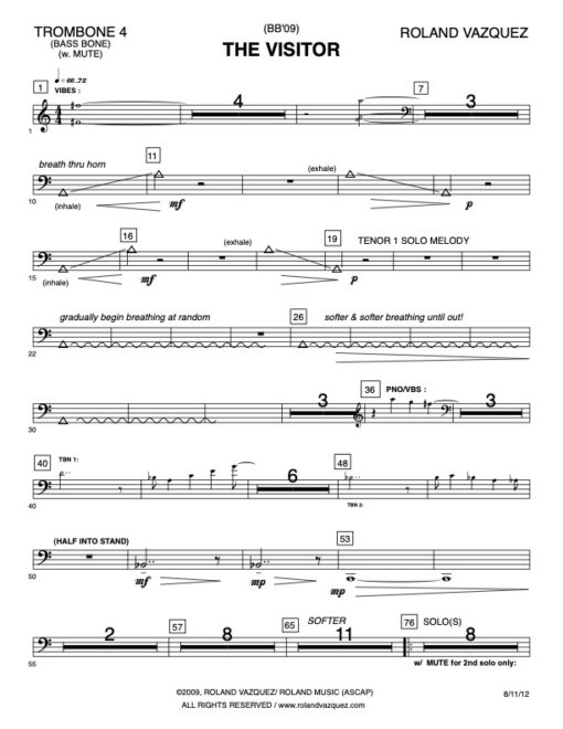 The Visitor trombone 4 (Download) Latin jazz printed sheet music www.3-2music.com composer and arranger Roland Vazquez big band 4-4-5 instrumentation