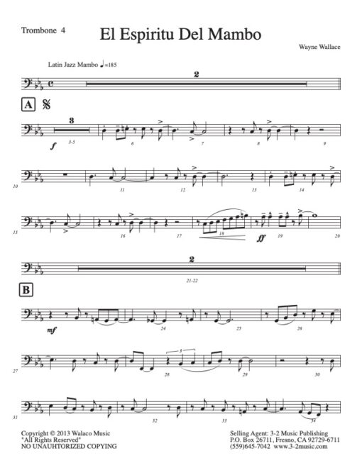 El Espiritu Del Mambo trombone 4 (Download) Latin jazz printed sheet music www.3-2music.com composer and arranger Wayne Wallace big band 4-4-5