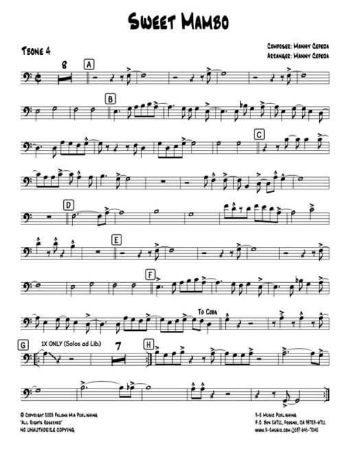 Sweet Mambo trombone 4 (Download) Latin jazz big band sheet music www.3-2music.com composer and arranger Manny Cepeda big band 4-4-5 instrumentation