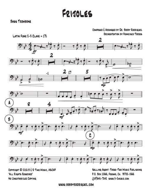 Frijoles trombone 4 (Download) Latin jazz printed sheet music www.3-2 music.com composer and arranger Bobby Rodriguez big band 4-4-5 instrumentation