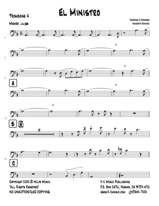 El Ministro trombone 4 (Download) Latin jazz printed sheet music www.3-2music.com composer and Humberto Ramirez big band 4-4-5 instrumentation