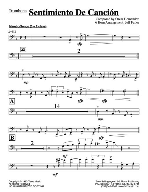 Sentimiento de Canción V.1 trombone (Download) Latin jazz printed sheet music www.3-2music.com composer and arranger Oscar Hernández little big band