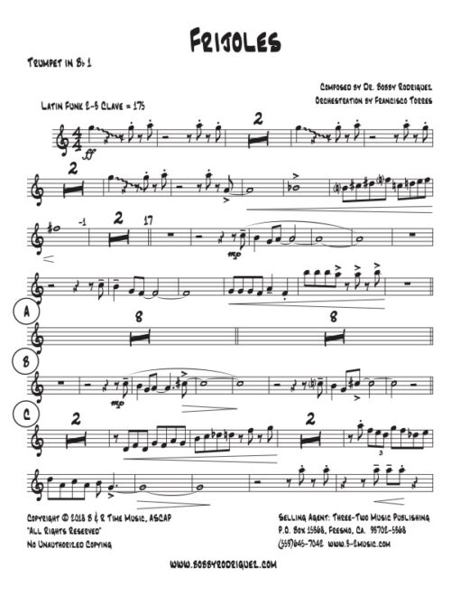 Frijoles trumpet 1 (Download) Latin jazz printed sheet music www.3-2 music.com composer and arranger Bobby Rodriguez big band 4-4-5 instrumentation