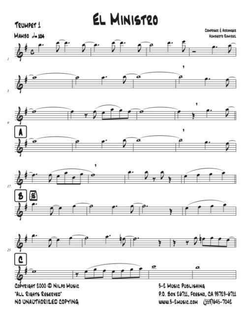 El Ministro trumpet 1 (Download) Latin jazz printed sheet music www.3-2music.com composer and Humberto Ramirez big band 4-4-5 instrumentation