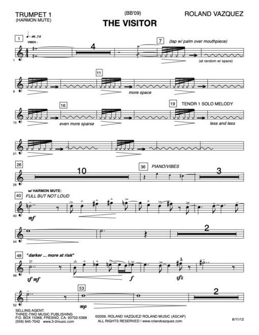 The Visitor trumpet 1 (Download) Latin jazz printed sheet music www.3-2music.com composer and arranger Roland Vazquez big band 4-4-5 instrumentation