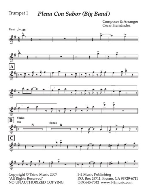 Plena Con Sabor trumpet 1 (Download) Latin jazz printed sheet music www.3-2music.com composer and arranger Oscar Hernandez big band (4-4-5) instrumentation