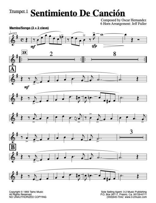 Sentimiento de Canción V.1 trumpet 1 (Download) Latin jazz printed sheet music www.3-2music.com composer and arranger Oscar Hernández little big band