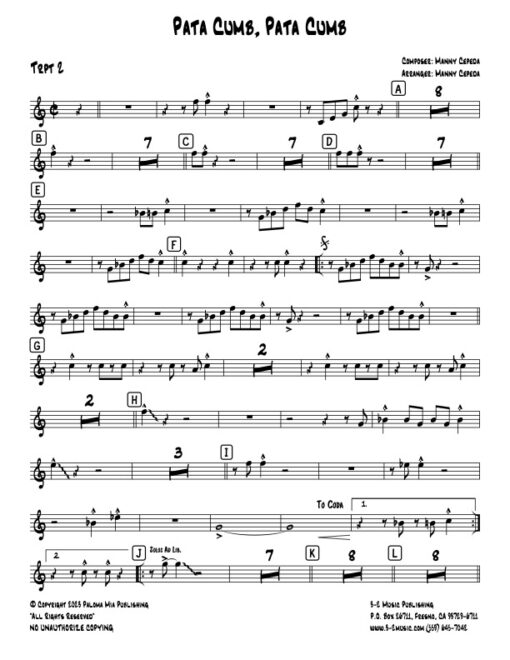 Pata Cumb Pata Cumb trumpet 2 (Download) Latin jazz printed sheet music www.3-2 music.com composer and arranger Manny Cepeda big band 4-4-5 instrumentation