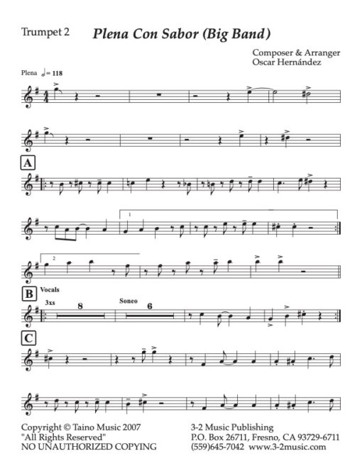 Plena Con Sabor trumpet 2 (Download) Latin jazz printed sheet music www.3-2music.com composer and arranger Oscar Hernandez big band (4-4-5) instrumentation