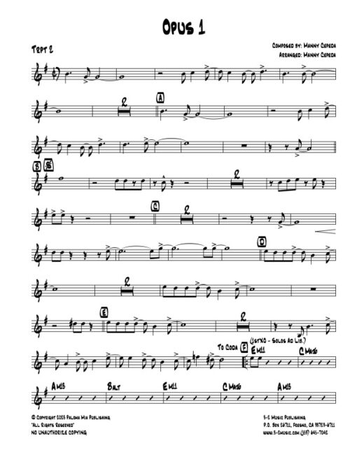 Opus 1 trumpet 2 (Download) Latin jazz printed sheet music www.3-2music.com composer and arranger Manny Cepeda little big band instrumentation