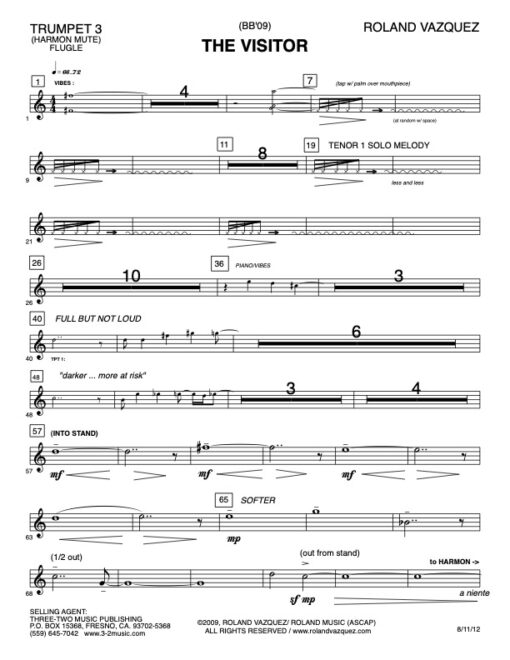 The Visitor trumpet 3 (Download) Latin jazz printed sheet music www.3-2music.com composer and arranger Roland Vazquez big band 4-4-5 instrumentation
